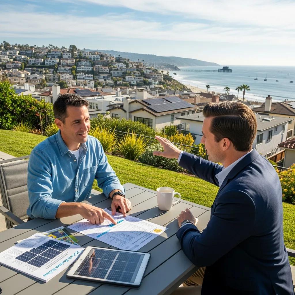 Homeowner discussing solar incentives with a consultant near the South Bay coastline in Imperial Beach