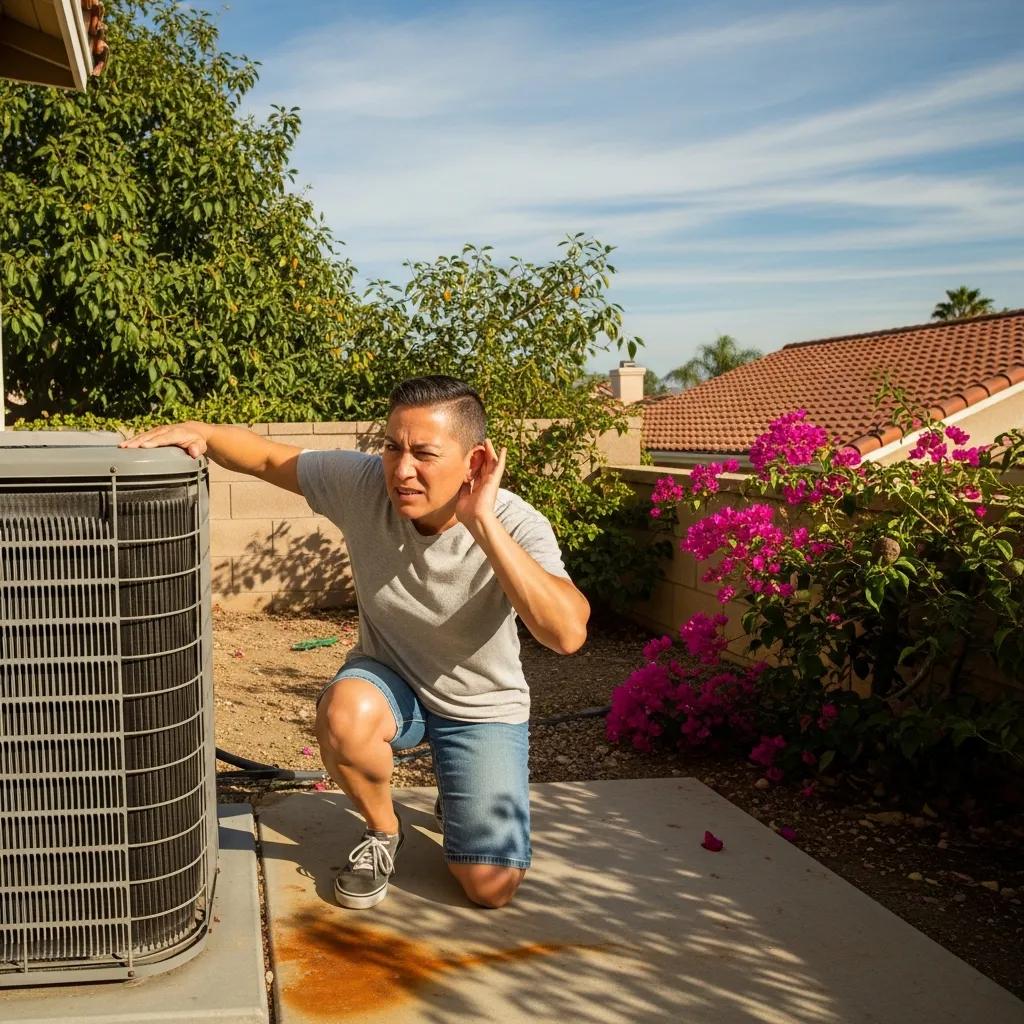 Homeowner inspecting air conditioning unit for repair signs in Escondido