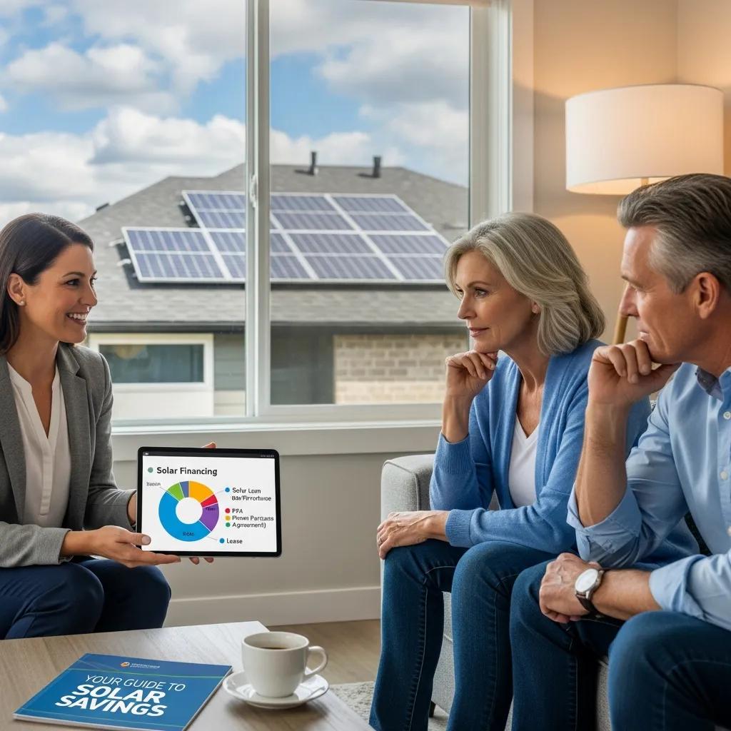 Homeowners consulting about solar financing options with a financial advisor, highlighting accessibility to solar energy