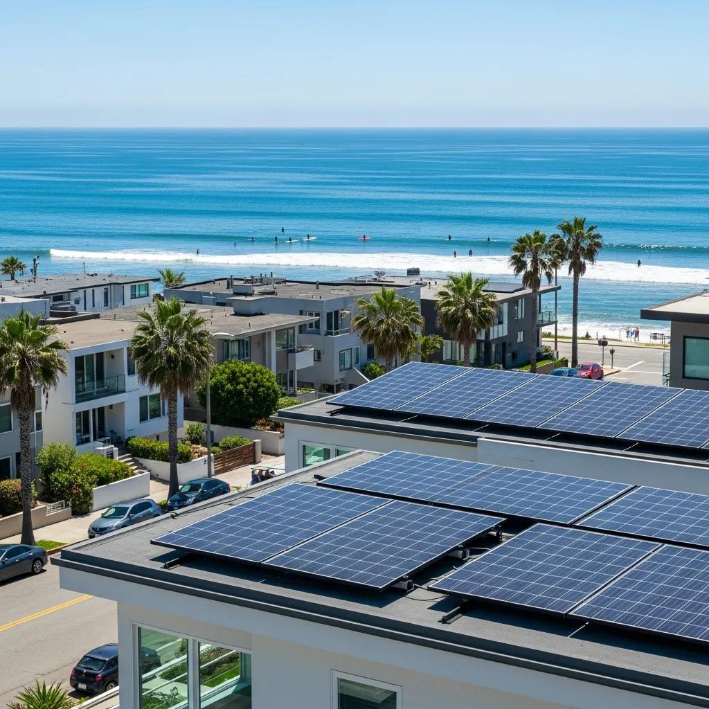 Huntington Beach home with solar panels and ocean view, emphasizing solar energy solutions