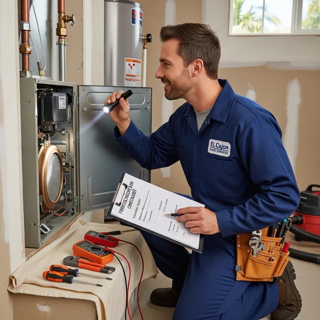 HVAC technician conducting maintenance on a heating system in an El Cajon home, highlighting the importance of regular HVAC upkeep