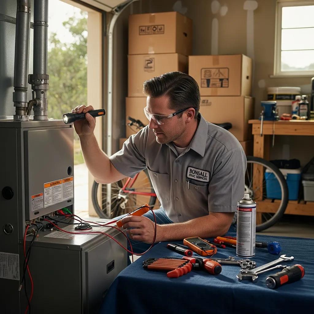 HVAC technician repairing air conditioning unit in Bonsall home