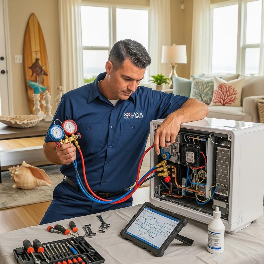 HVAC technician diagnosing air conditioning unit in Solana Beach home, highlighting repair services