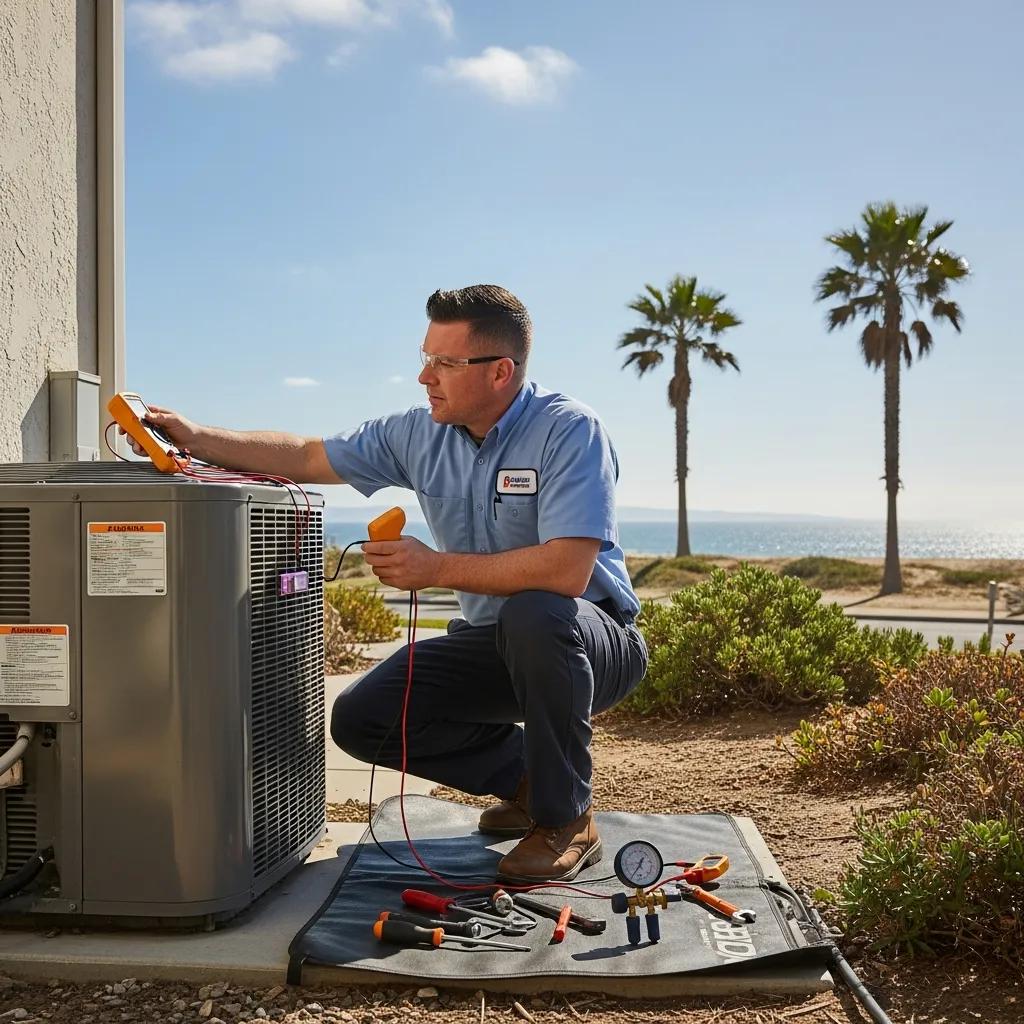 HVAC technician diagnosing an AC unit in Imperial Beach, showcasing local HVAC repair services