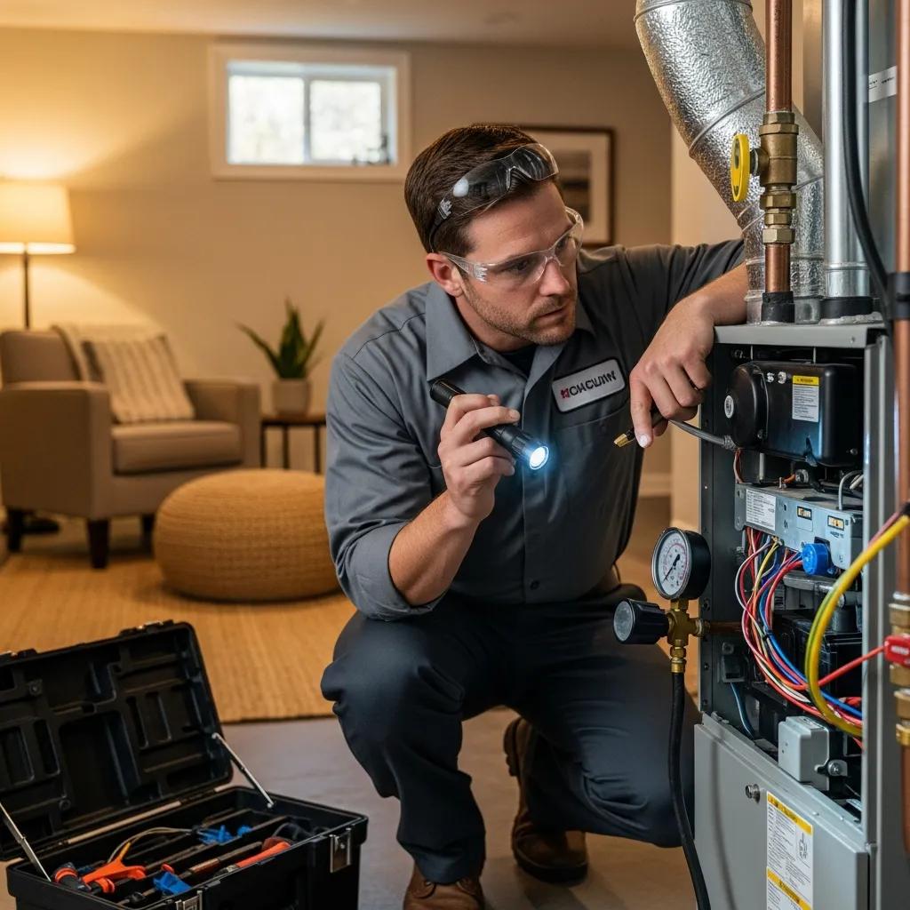 HVAC technician inspecting heating system in La Mesa home, highlighting professional repair services