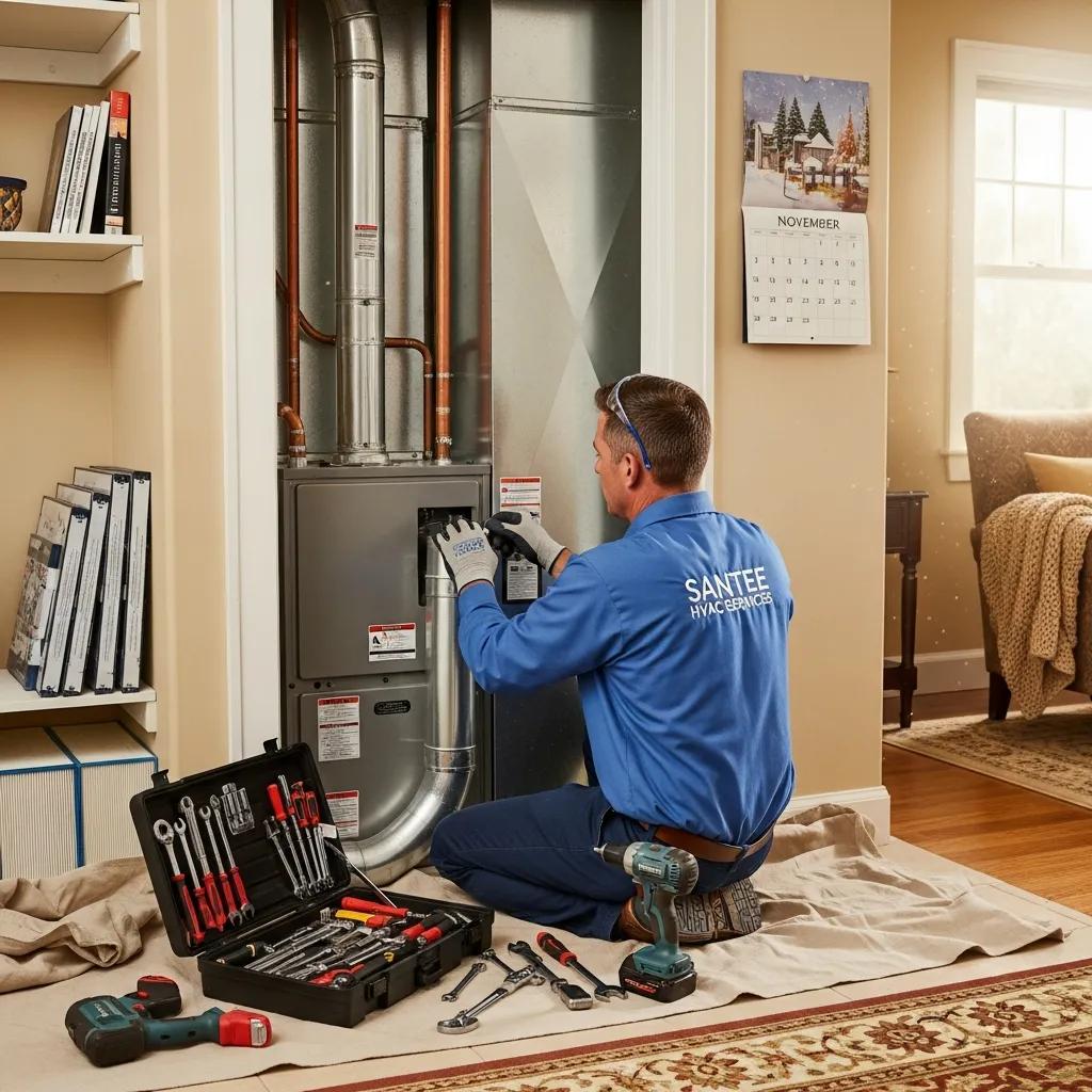 HVAC technician installing a furnace in a Santee home, emphasizing heating repair and installation services