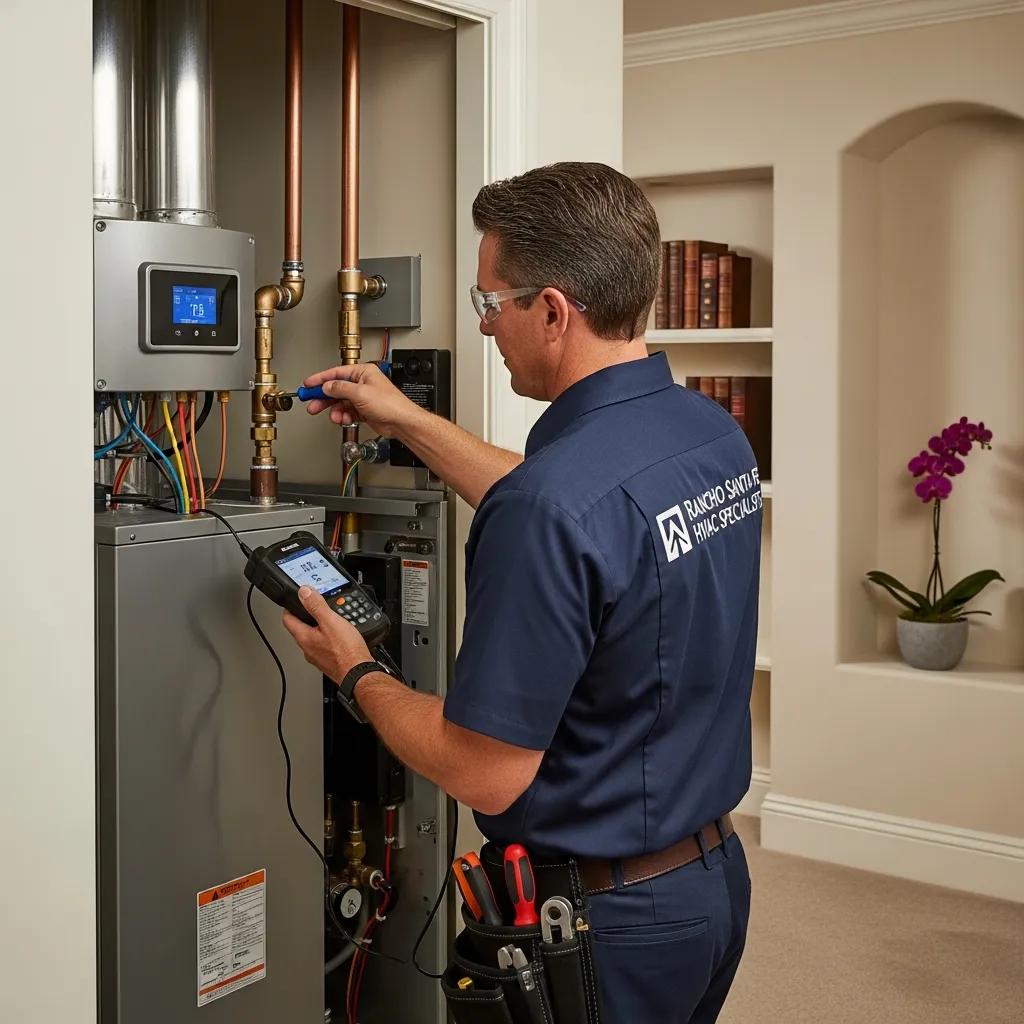 HVAC technician maintaining high-efficiency heating system in luxury home