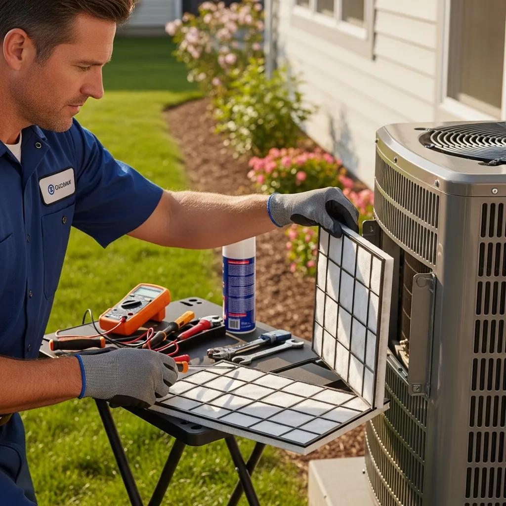 HVAC technician performing maintenance on air conditioning unit, showcasing the importance of regular service