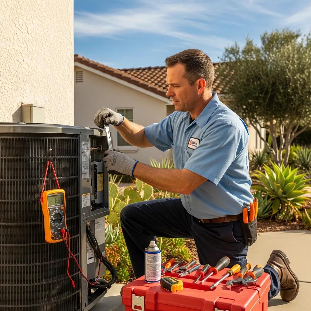 HVAC technician conducting maintenance on heating system in Bonsall home