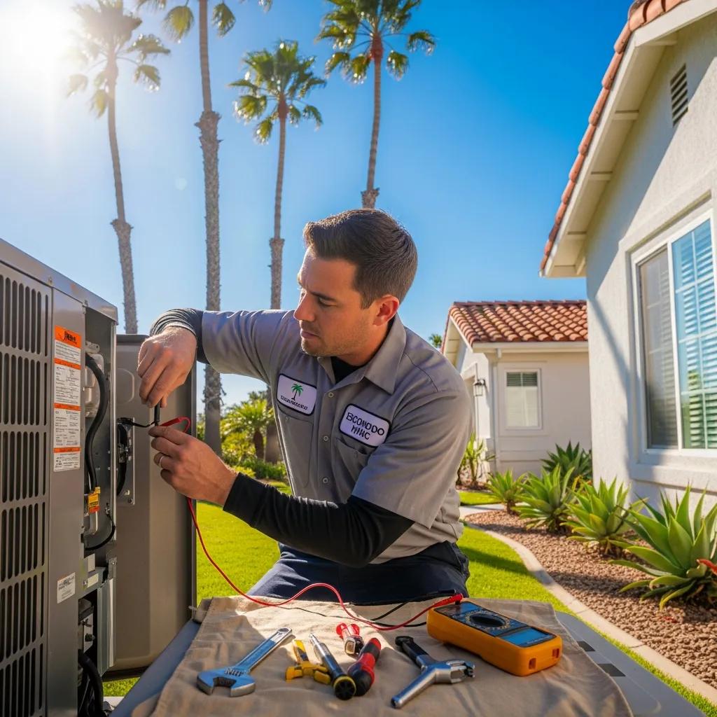 HVAC technician repairing air conditioning unit in Escondido, CA