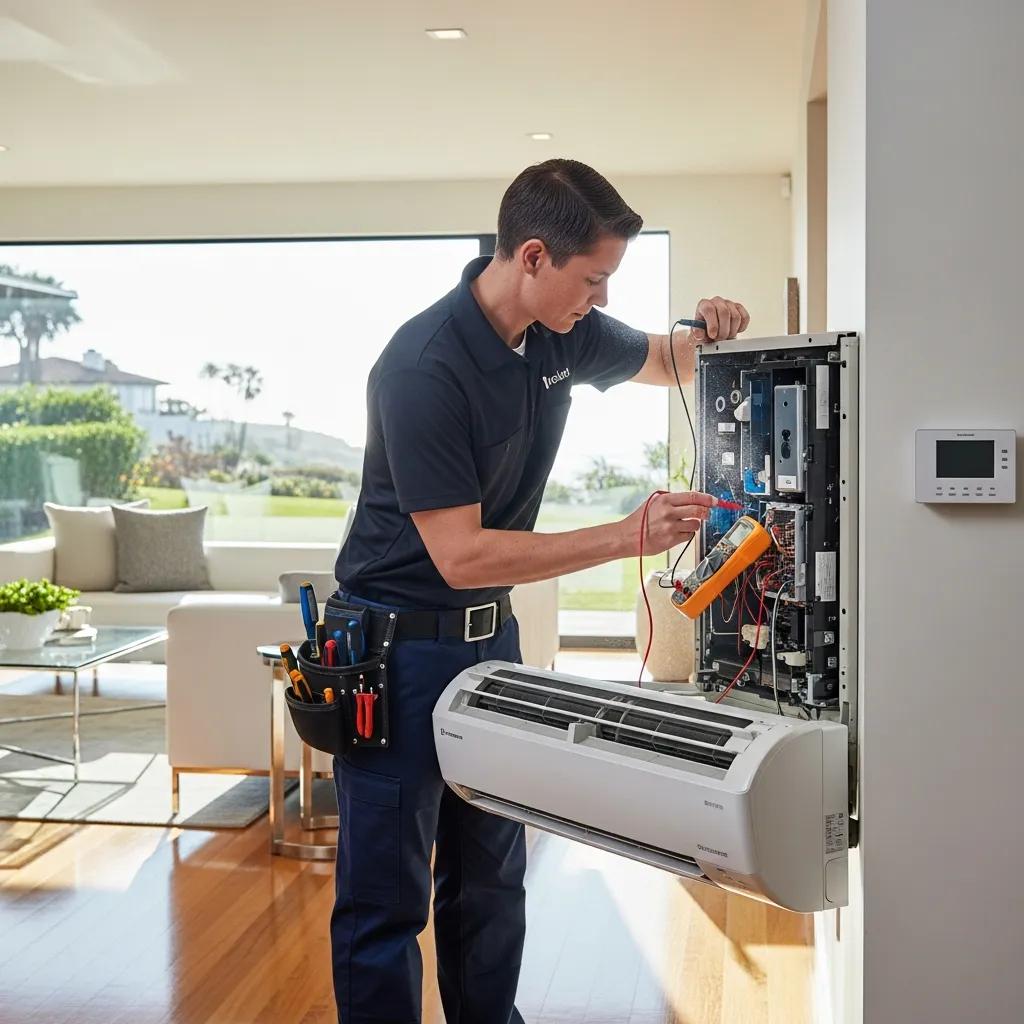 HVAC technician repairing air conditioning unit in La Jolla home