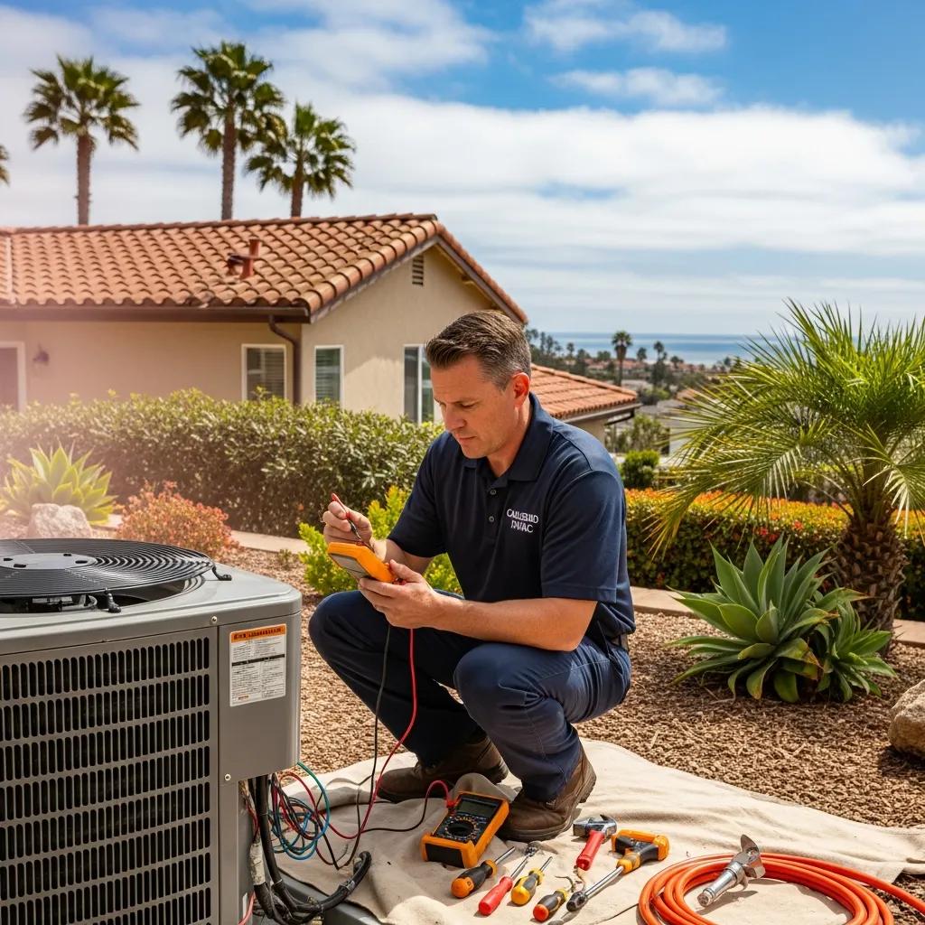 HVAC technician repairing an air conditioning unit in a Carlsbad home