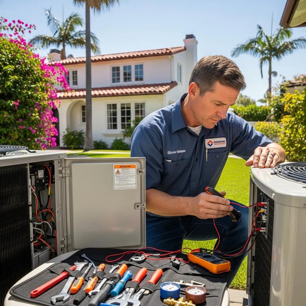 HVAC technician repairing an air conditioning unit in a Coronado home, showcasing professional HVAC services