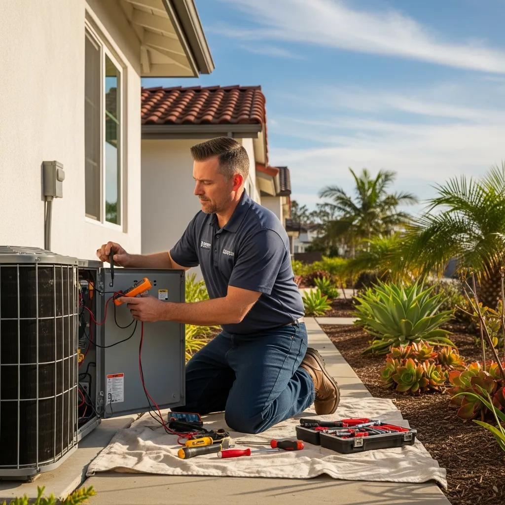 HVAC technician repairing an air conditioning unit in a home, showcasing professional AC repair services in Encinitas