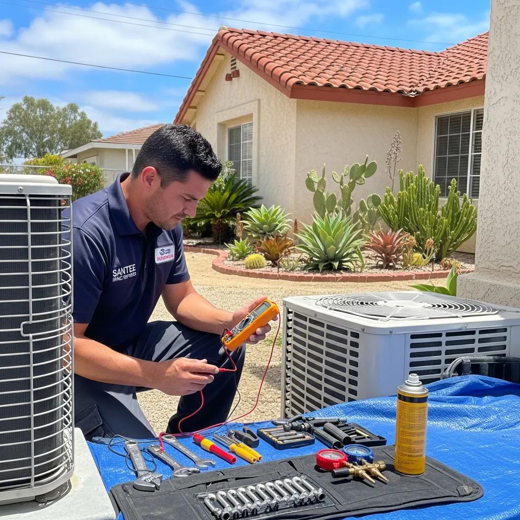 HVAC technician repairing an air conditioning unit in a Santee home, showcasing local AC repair services