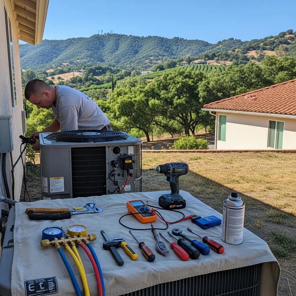 HVAC technician repairing an air conditioning unit in Fallbrook, CA