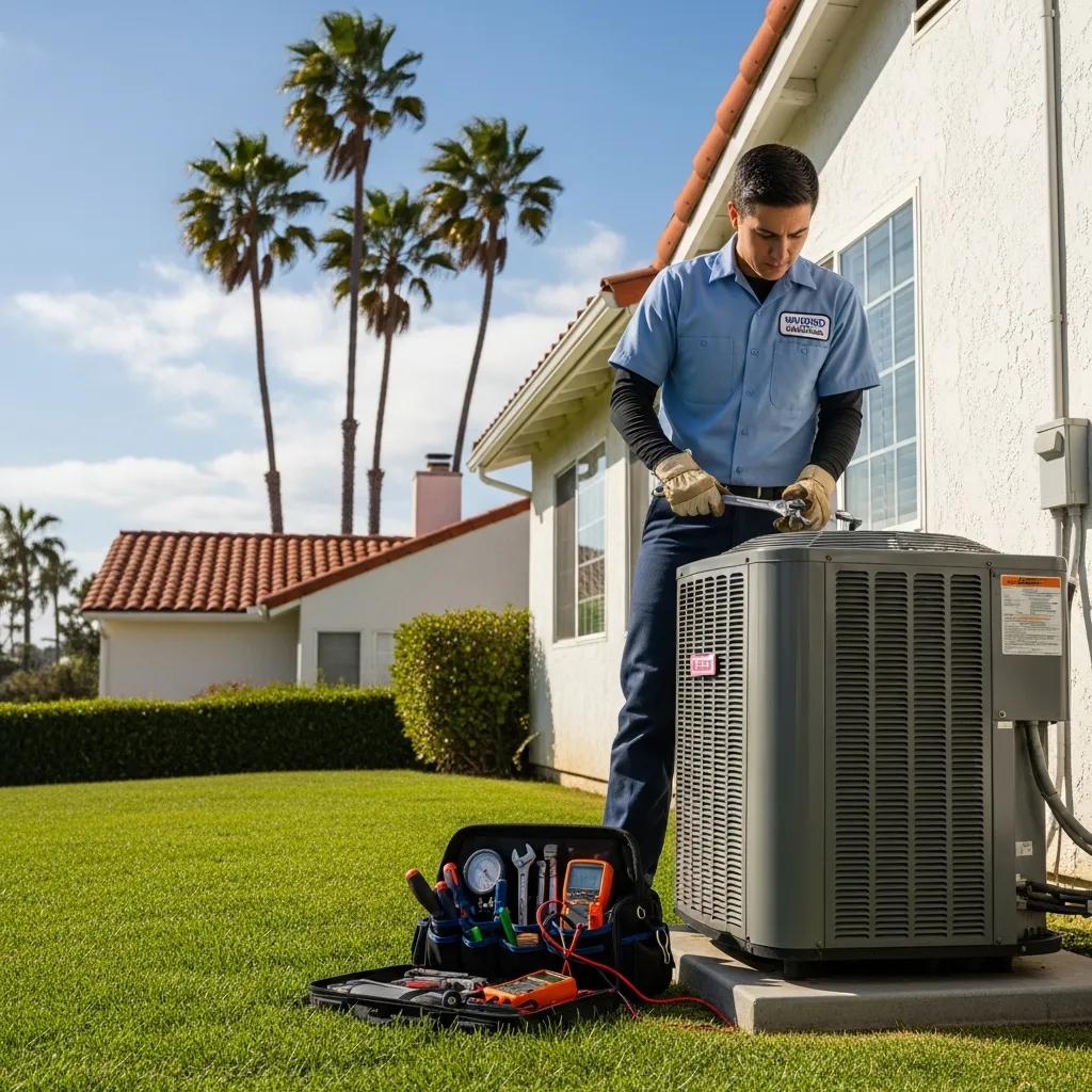 Technician inspecting heating system in a cozy San Diego home