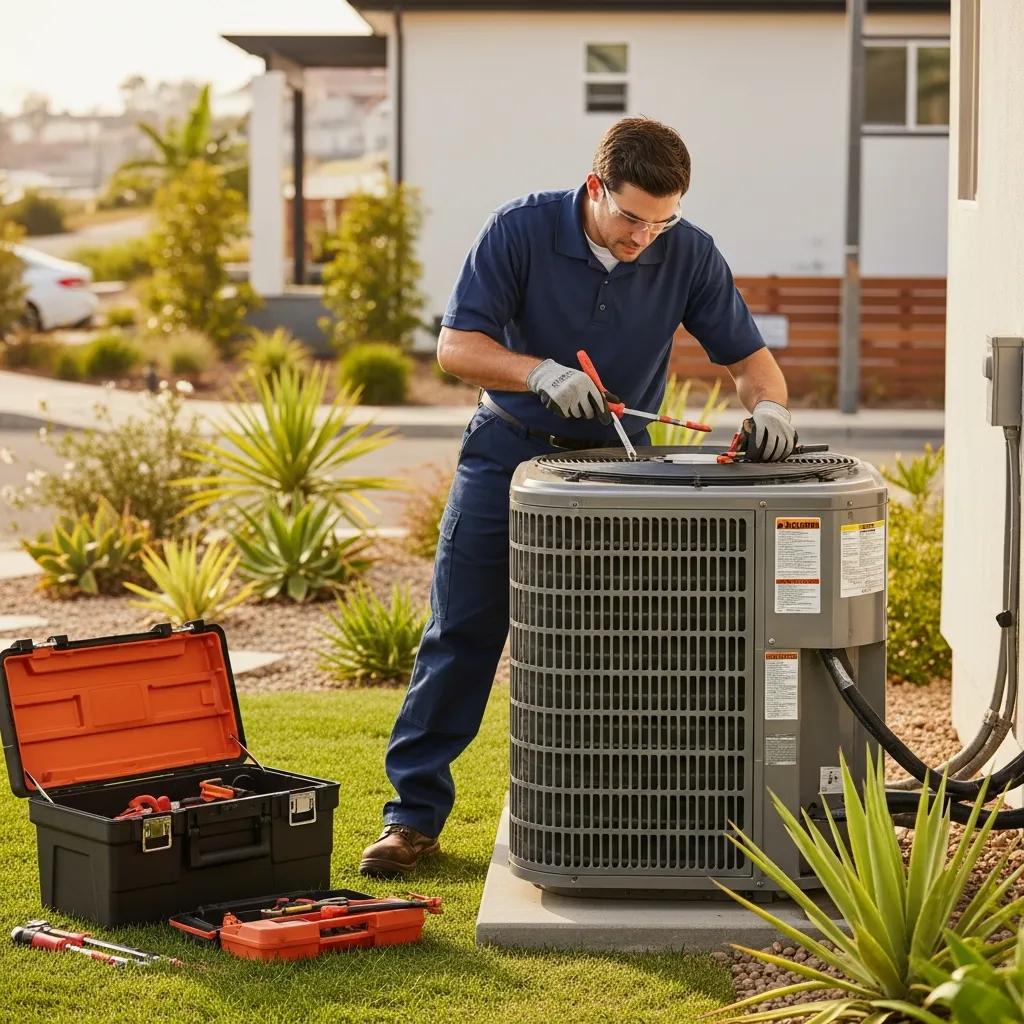 HVAC technician servicing an air conditioning unit in a Chula Vista home