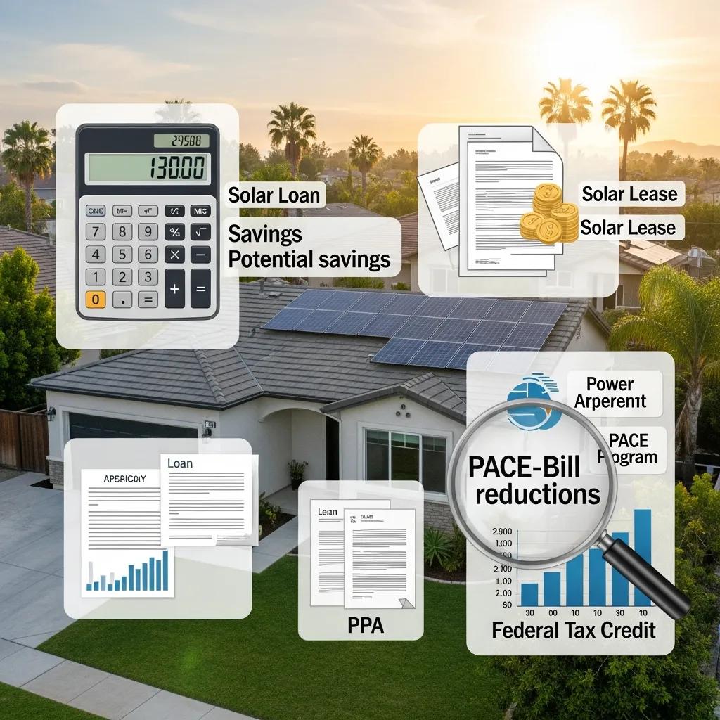 Illustration of solar financing options for homeowners in Escondido, CA, emphasizing financial planning and savings