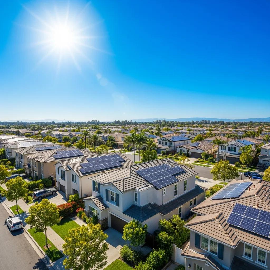 Irvine neighborhood with solar panels under clear blue sky, highlighting solar energy solutions