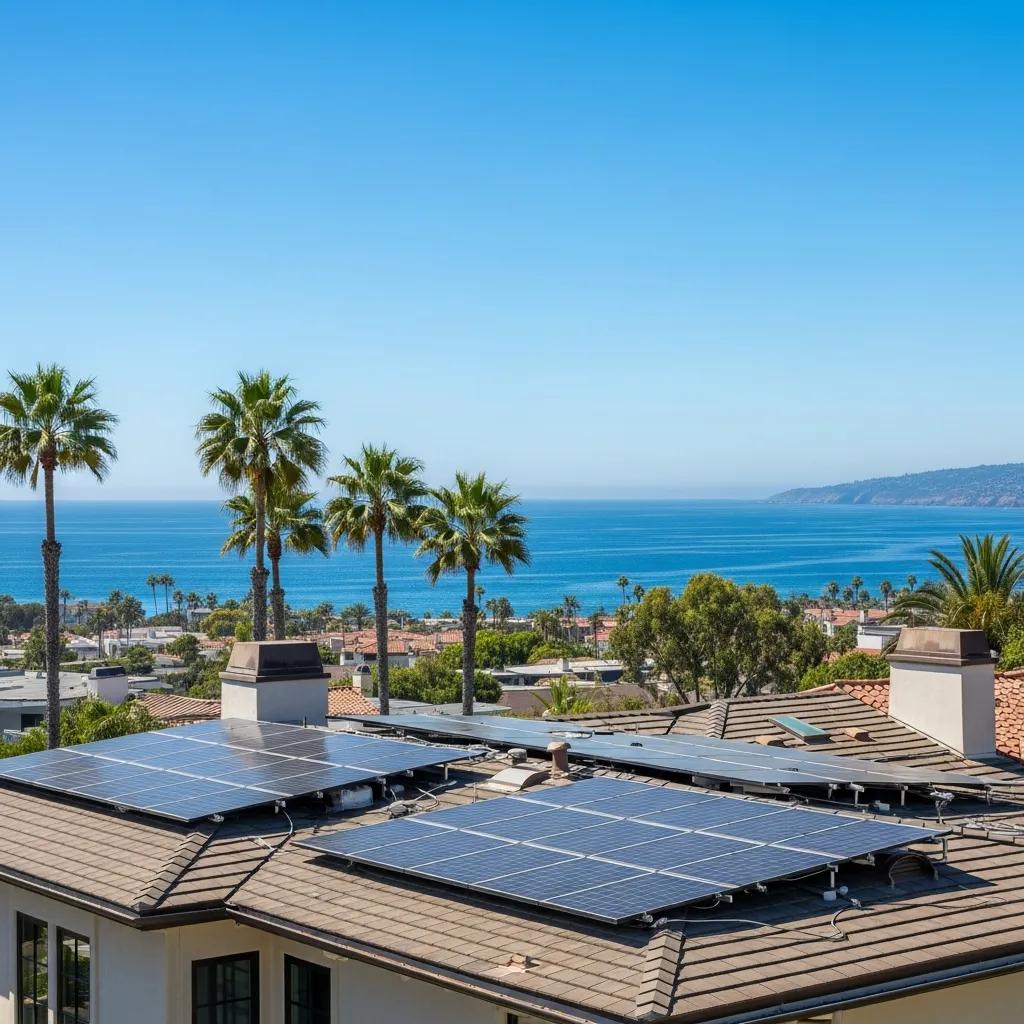 La Jolla coastal home with solar panels under bright sun, highlighting premium solar solutions