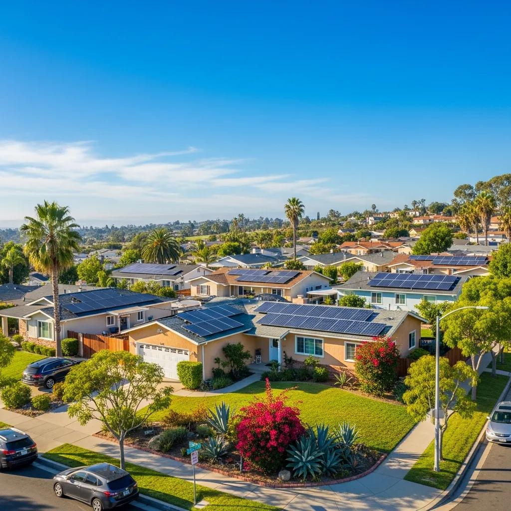 La Mesa CA residential area with solar panels under clear blue sky