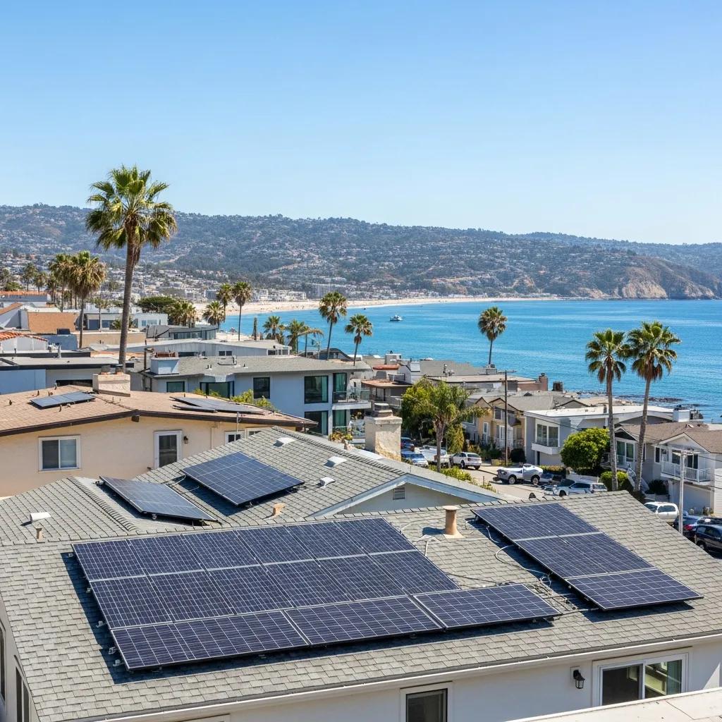 Laguna Beach home with solar panels and ocean view, highlighting the community's commitment to renewable energy