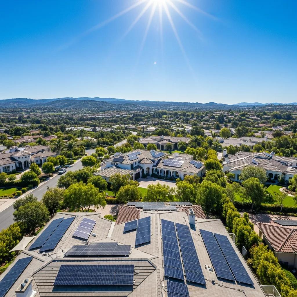 Luxury estates in Rancho Santa Fe with solar panels under sunny skies