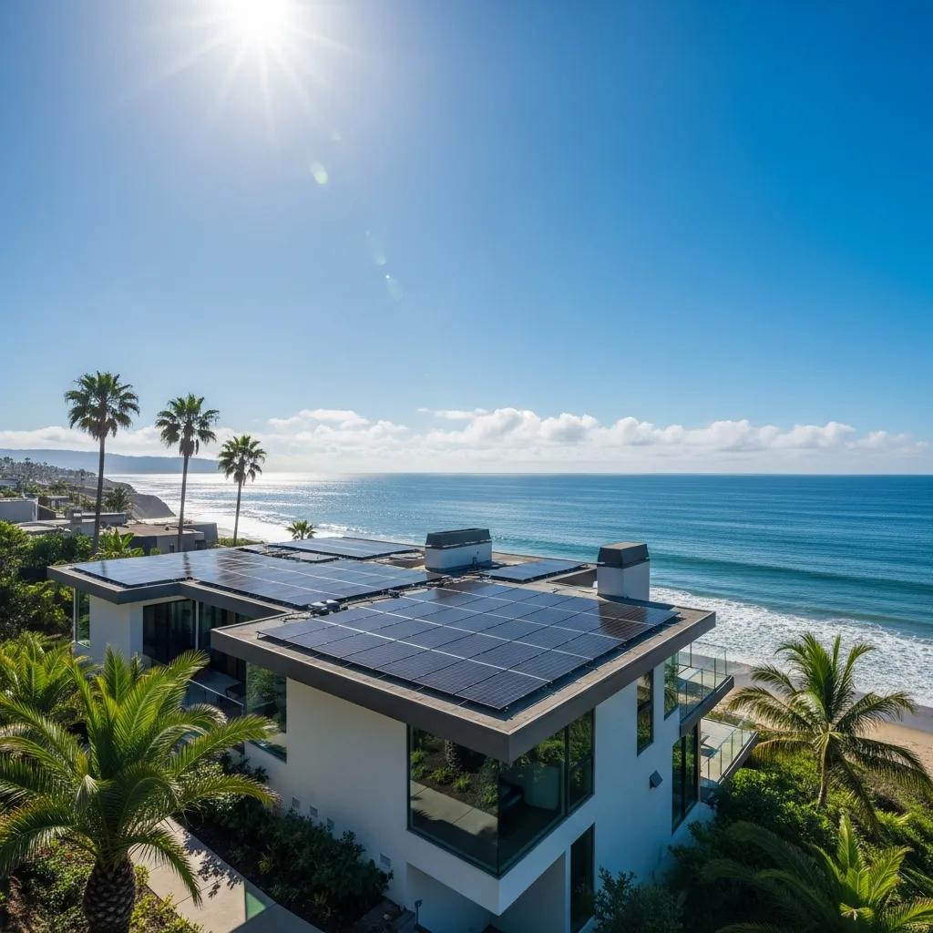 Modern home in Del Mar, CA with solar panels under bright sun, showcasing renewable energy