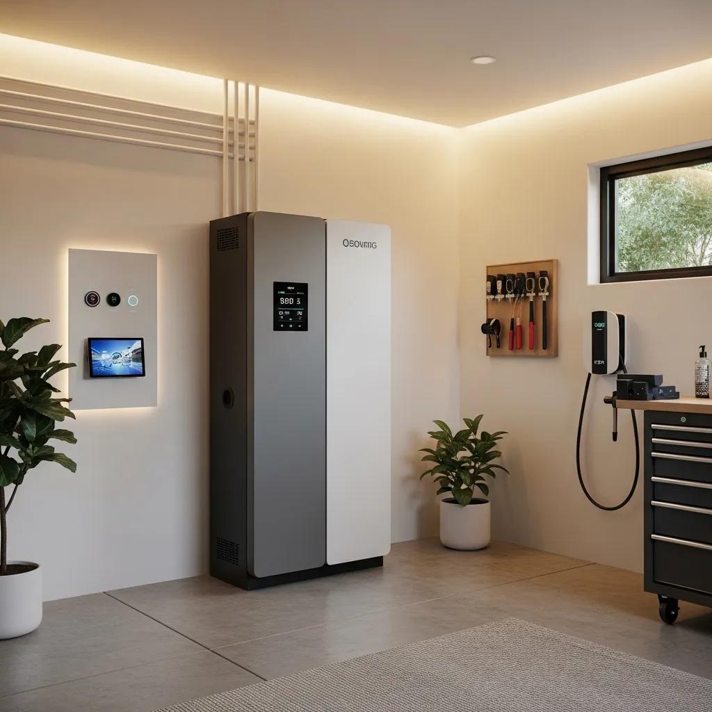 Modern solar battery storage system in a luxury home in Rancho Santa Fe