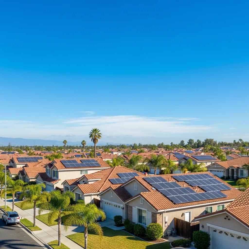 Murrieta neighborhood with solar panels under clear blue skies, showcasing the benefits of solar energy