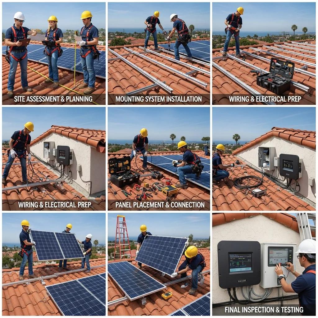 Professional team installing solar panels on a residential roof in San Clemente, illustrating the solar installation process