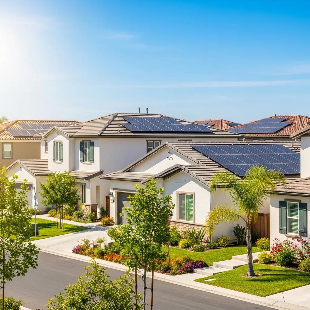 Residential homes in San Marcos, CA with solar panels under clear blue skies, highlighting solar energy benefits