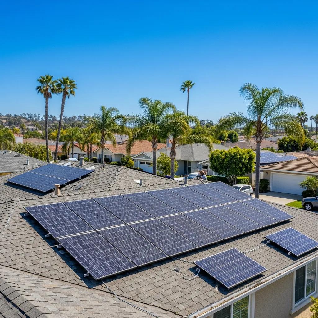 Residential solar panel installation in Carlsbad, CA, highlighting sunny climate and energy solutions