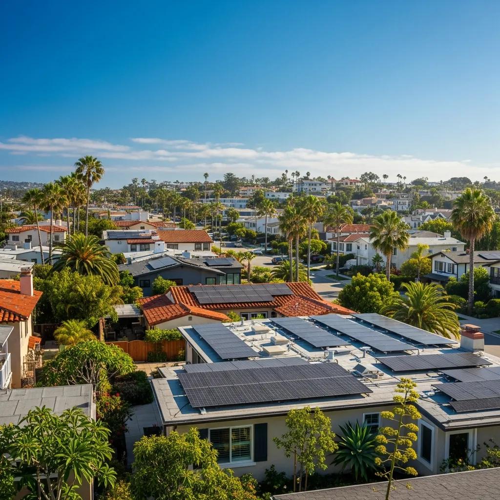 Residential solar panel installation in Encinitas, CA under clear blue skies