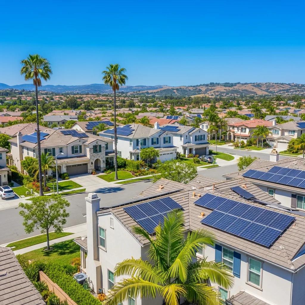 Residential solar panels in Aliso Viejo, CA under sunny skies, highlighting solar energy potential