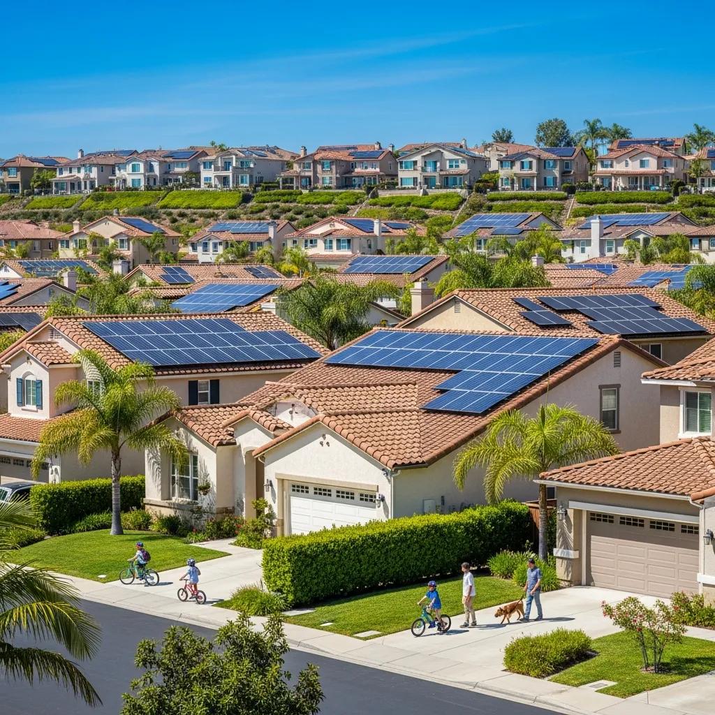Residential solar panels in Rancho Santa Margarita, CA, showcasing sunny hillside homes