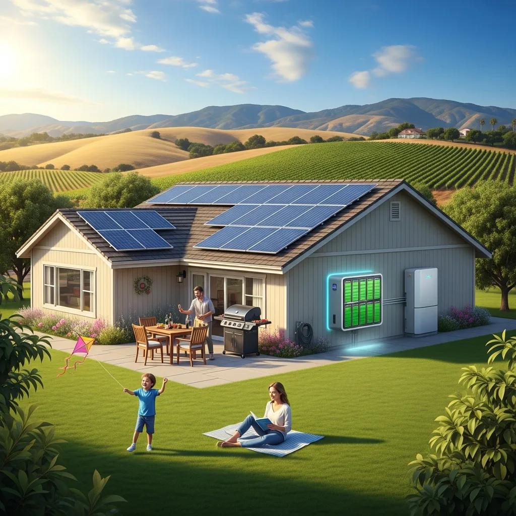 Rural home in Valley Center, CA, showcasing solar panels and battery storage, representing energy independence and sustainability