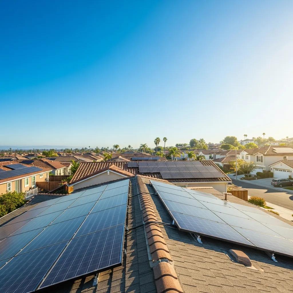 San Diego neighborhood with solar panels reflecting sunlight, highlighting solar energy benefits