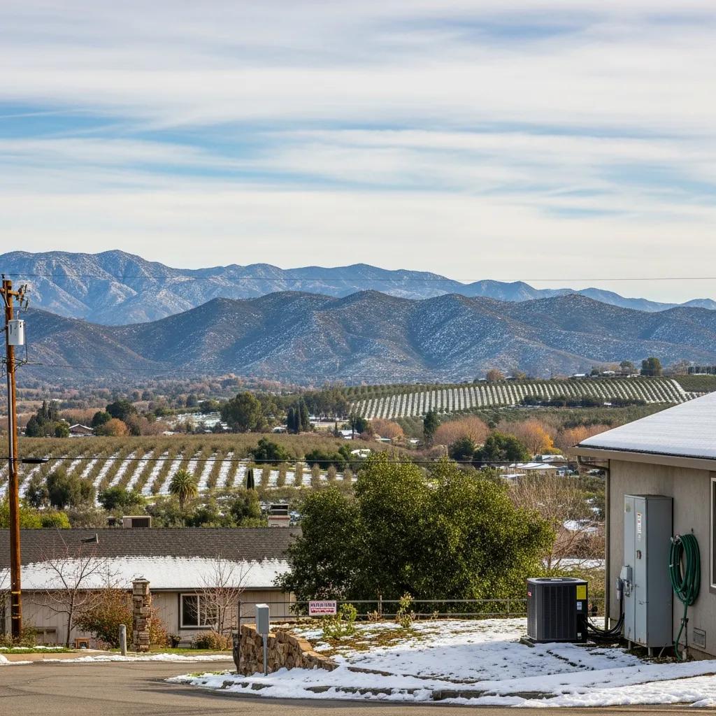 Scenic view of Julian, CA with apple orchards and snow-covered mountains, highlighting HVAC heating needs