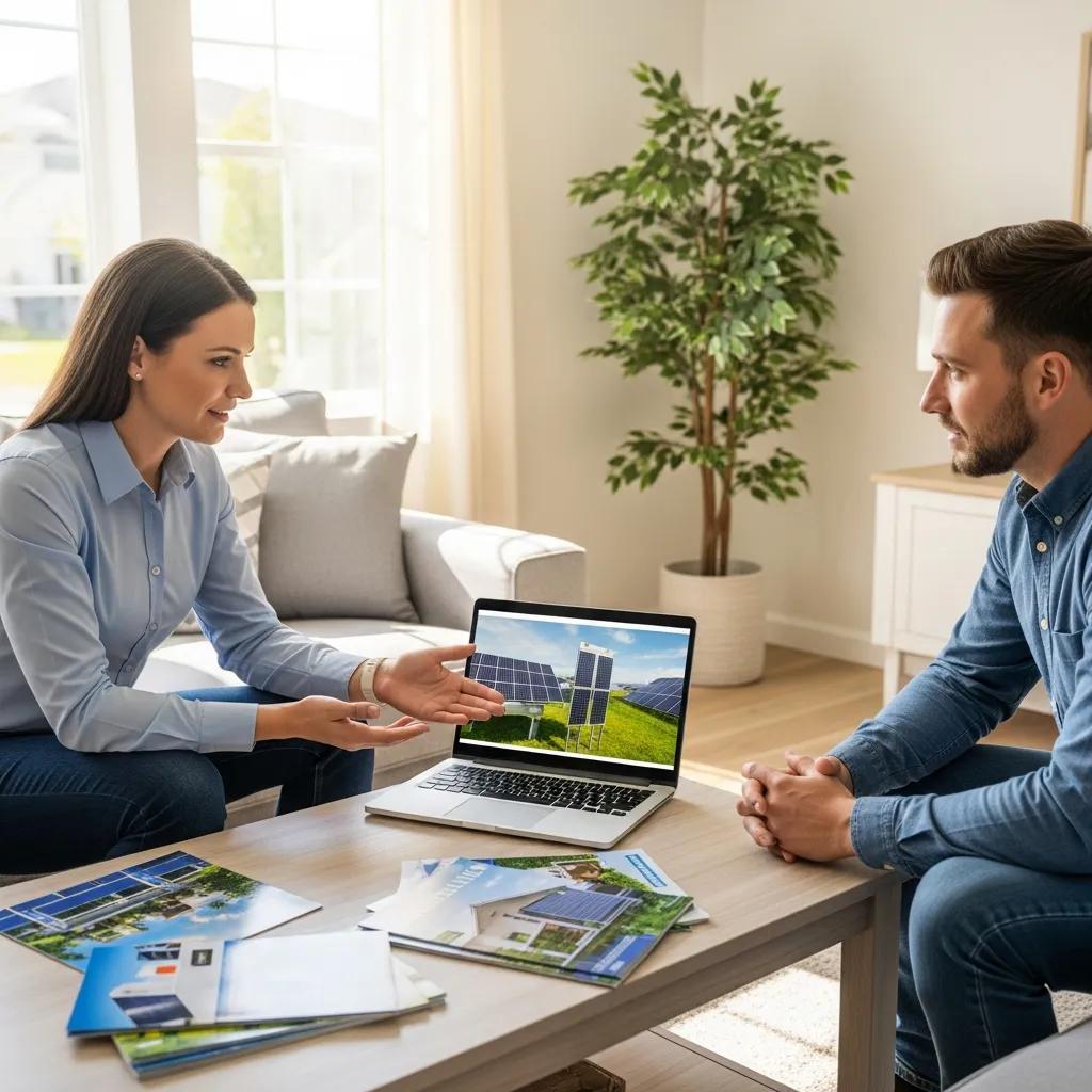 Solar consultant discussing installation incentives with a homeowner, emphasizing solar financing options