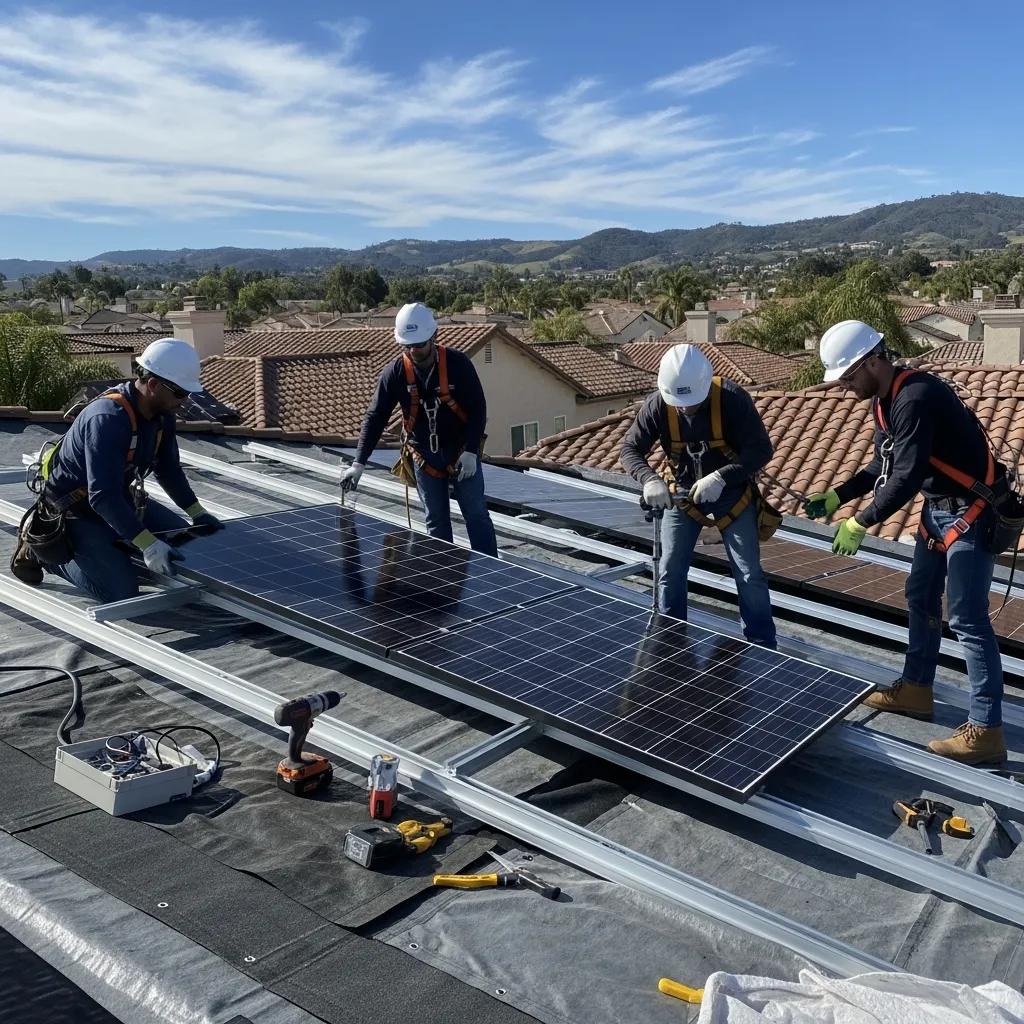 Solar installation team working on a roof in Lake Forest, CA