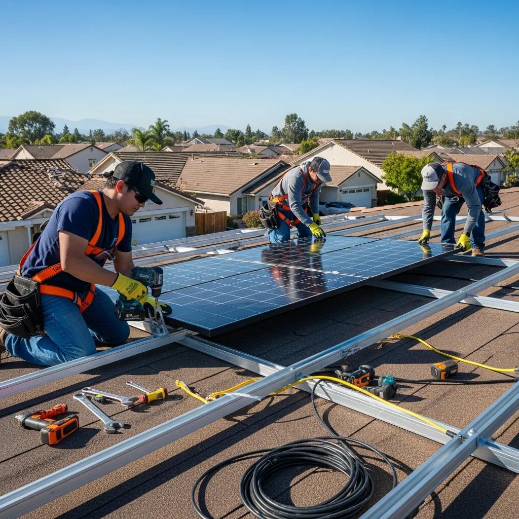 Solar installation team working on a rooftop in Spring Valley, CA