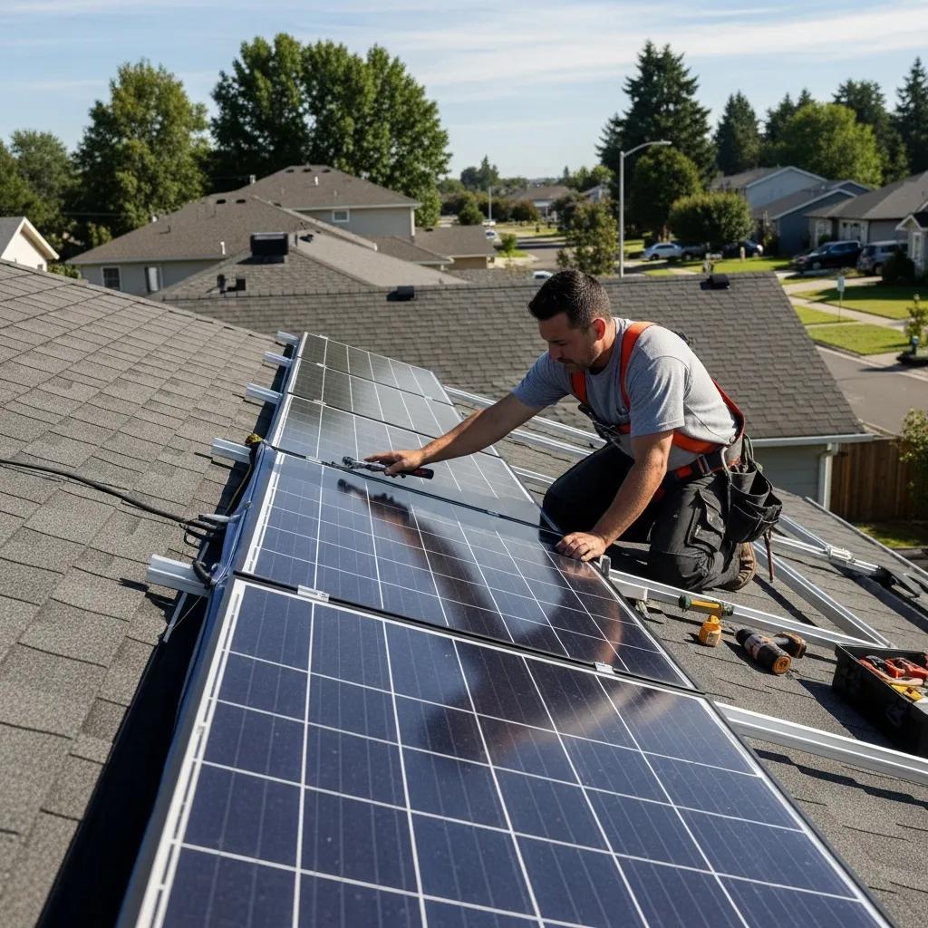 Solar installer working on a rooftop, demonstrating the installation process for solar panels