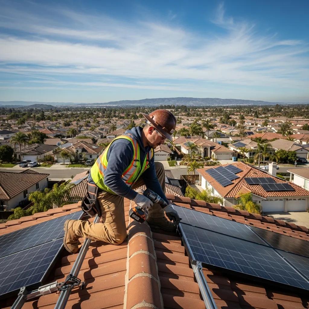 Solar installer working on a rooftop in El Toro, CA