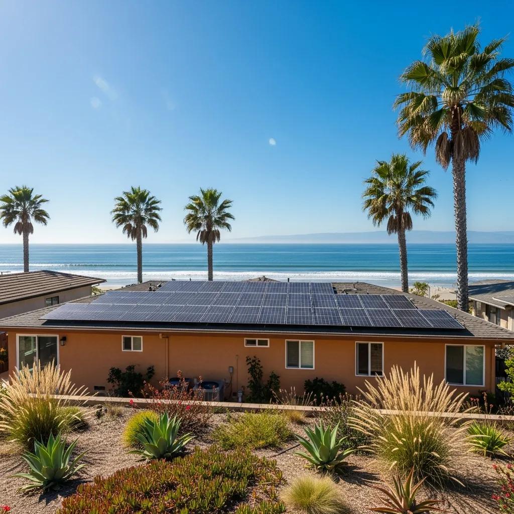 Solar panel installation on a coastal home in Imperial Beach, CA, highlighting the sunny climate and ocean backdrop