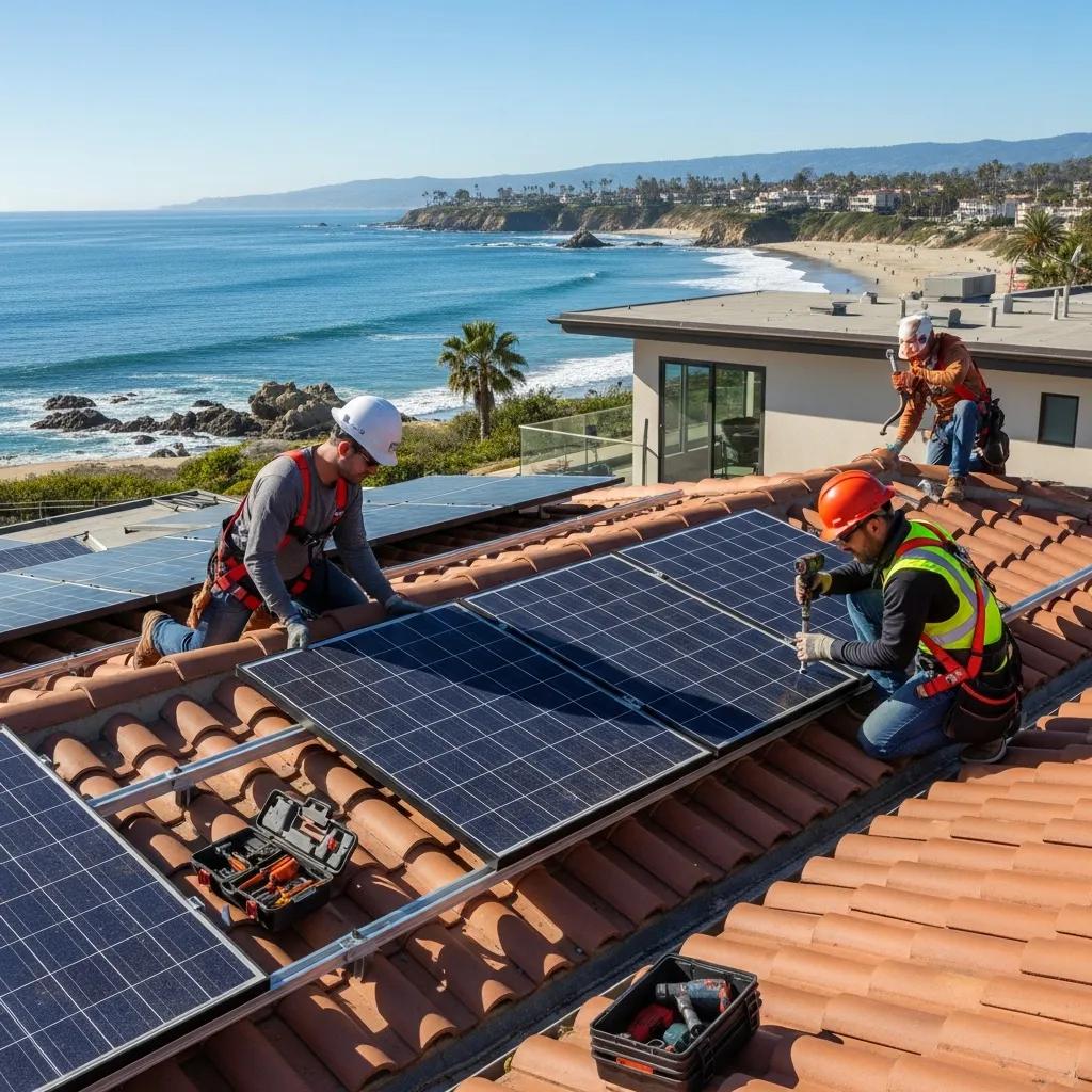 Solar panel installation team working on a Laguna Beach home, showcasing the installation process
