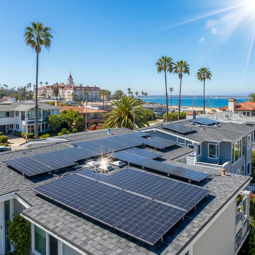 Solar panels on a home in Coronado, CA, highlighting the sunny coastal climate and sustainable energy solutions