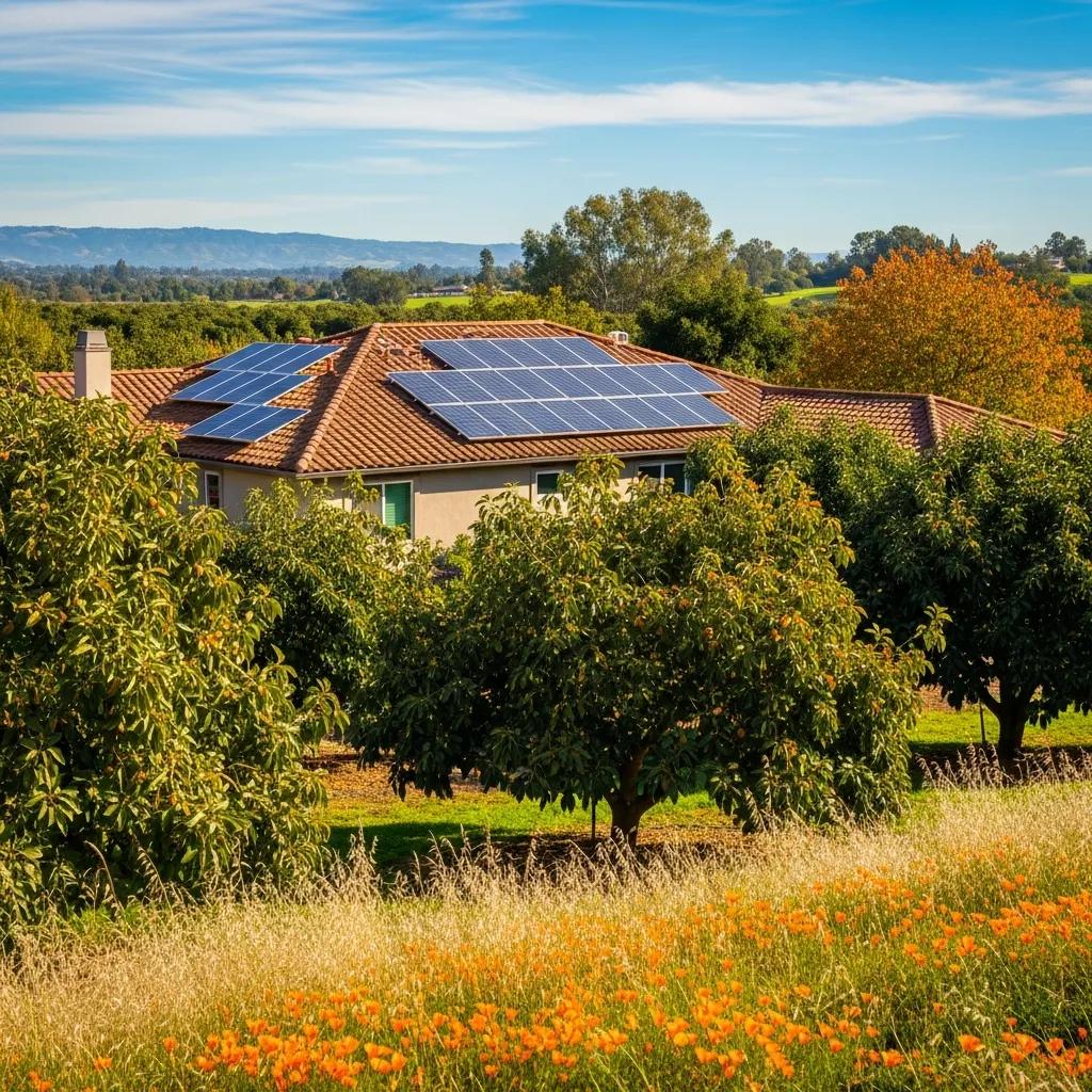 Solar panels on a home in Fallbrook, CA, surrounded by avocado trees under a clear blue sky