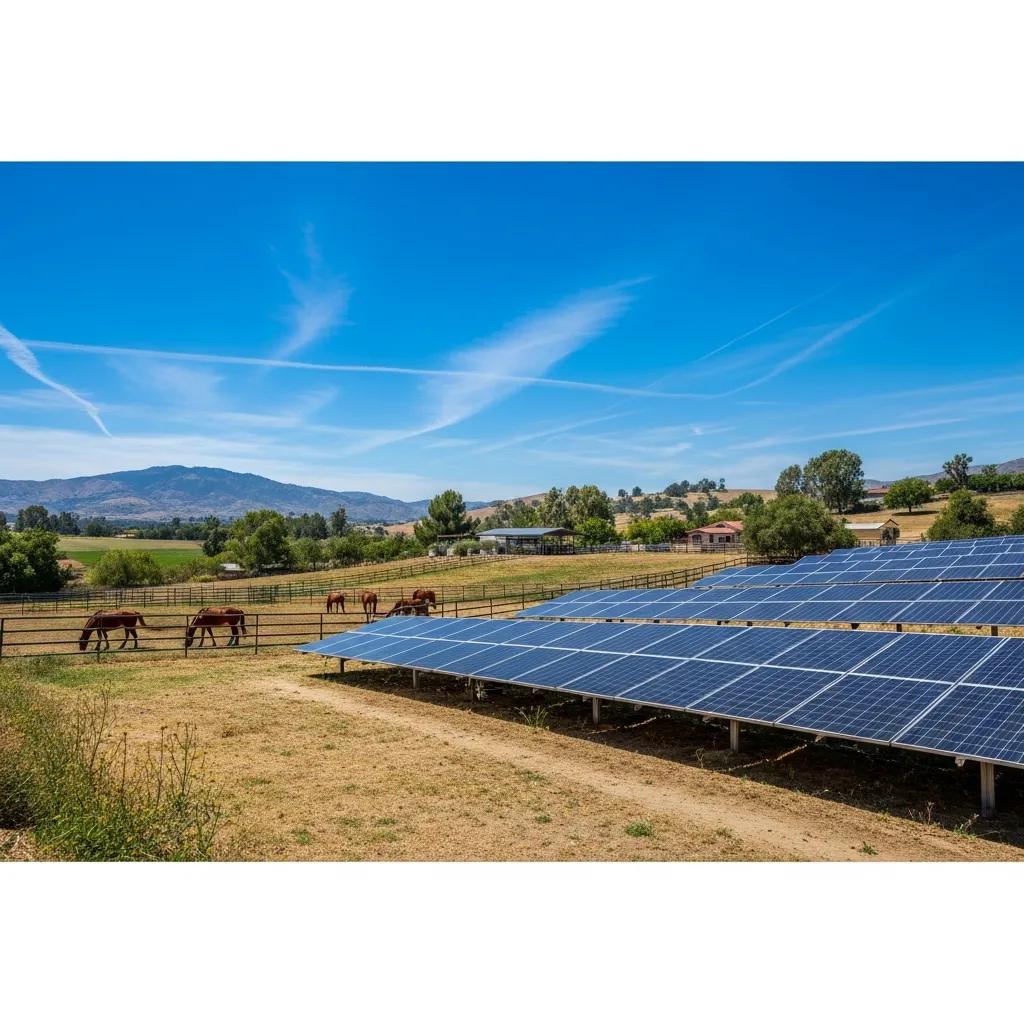 Solar panels on a horse property in Ramona, CA, showcasing the benefits of solar energy in a sunny rural landscape
